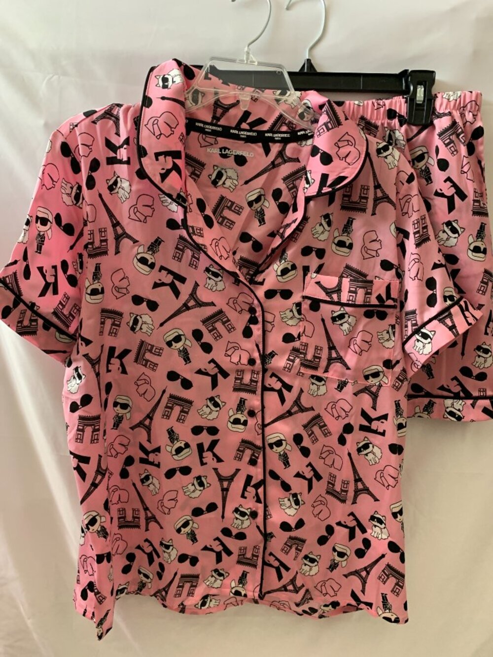 KARL LAGERFELD French Icons Pajamas Set in Pink/Black Sz LARGE